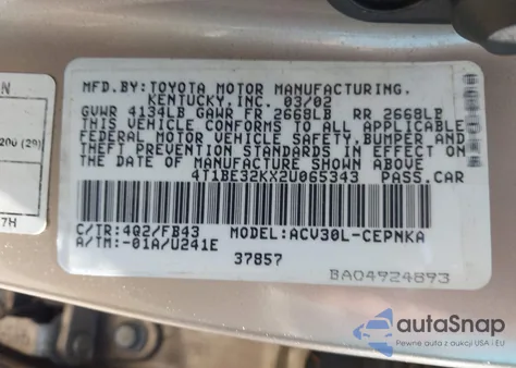 2002 Toyota Camry Le из США, поврежденный, VIN 4T1BE32KX2U065343